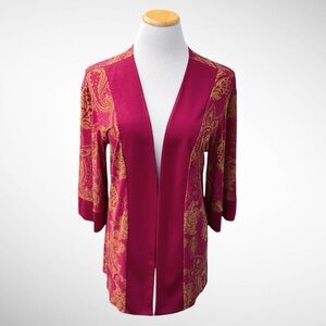 CSC Studio Kimono Style Open Cardigan 3/4-Sleeves Burgundy Trim